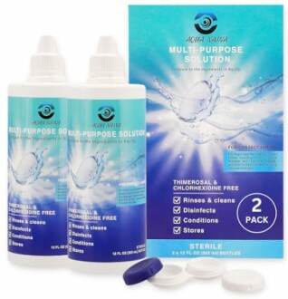 Aqua Naina multi-purpose contact lens solution pack with two bottles and lens case.