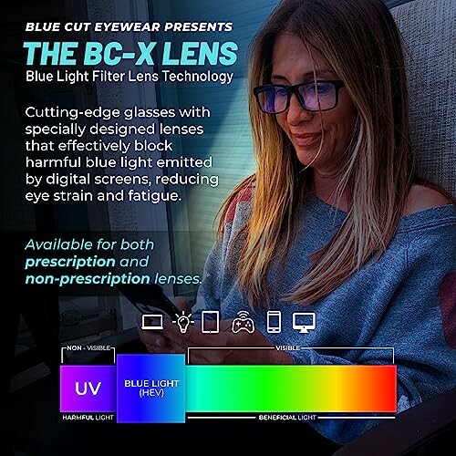 Woman wearing glasses with blue light filter lens technology.