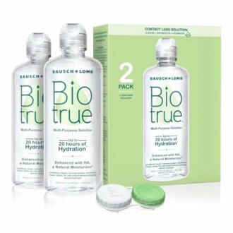 Biotrue contact lens solution with two bottles, packaging, and lens case.