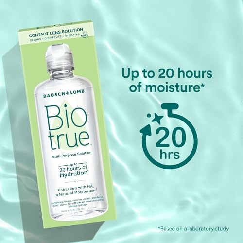 Biotrue contact lens solution bottle with 20 hours of moisture claim.