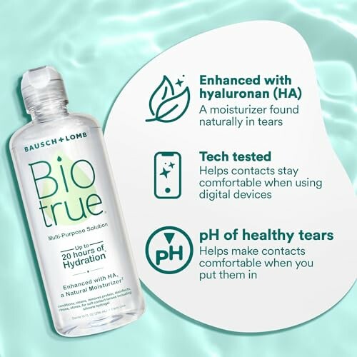 Biotrue contact solution with benefits listed: enhanced with hyaluronan, tech tested, pH of healthy tears.