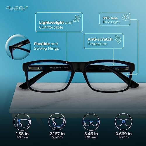 Blue light blocking glasses with features like lightweight, anti-scratch, and strong hinges.