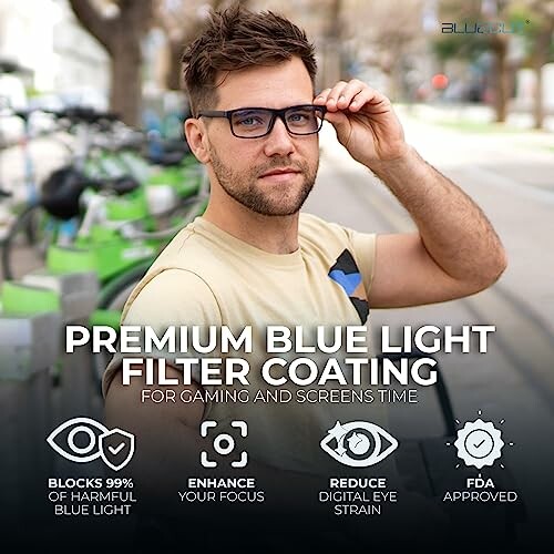 Man wearing glasses with blue light filter benefits listed.