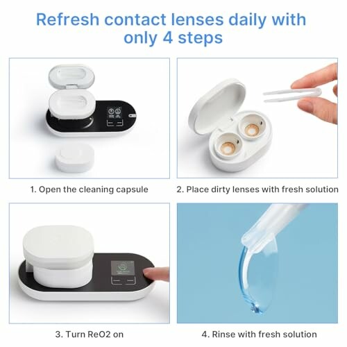 Four-step guide to refreshing contact lenses daily with a cleaning device.