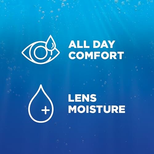 Blue background with icons for eye comfort and lens moisture.