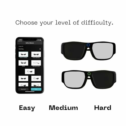 Three difficulty levels shown with glasses: easy, medium, hard.