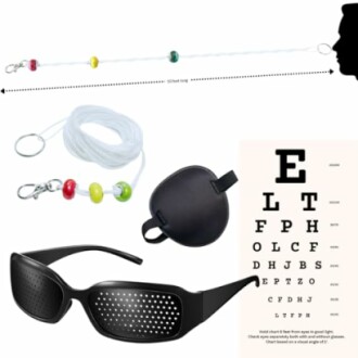 Eye exercise tools including a string with beads, an eye patch, pinhole glasses, and an eye chart.