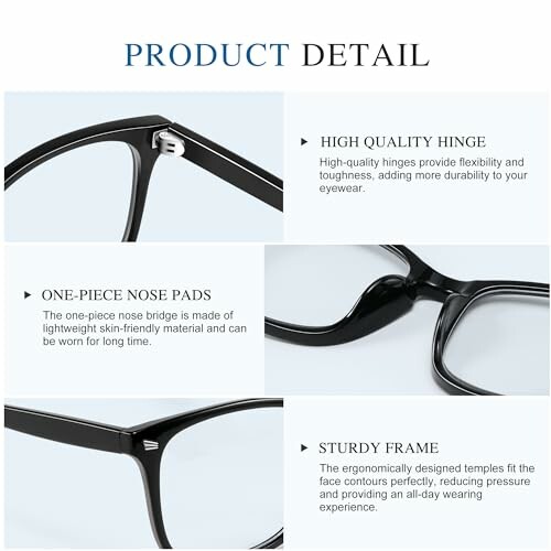 Eyeglasses features: high-quality hinge, one-piece nose pads, sturdy frame.