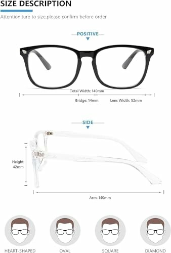 Eyeglasses size guide with dimensions and face shapes.