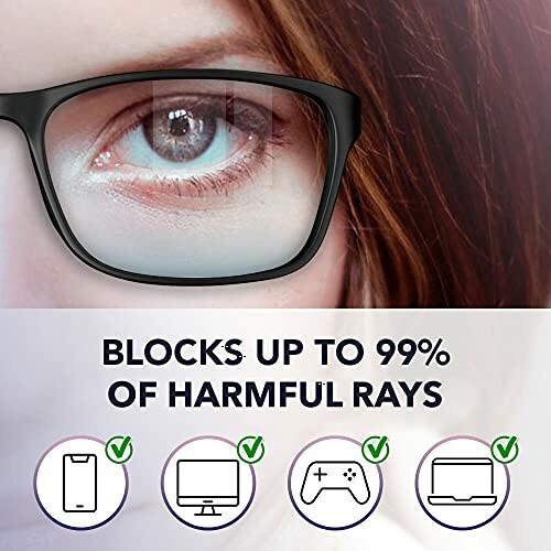 Close-up of eyewear lens blocking harmful rays, icons of electronic devices.