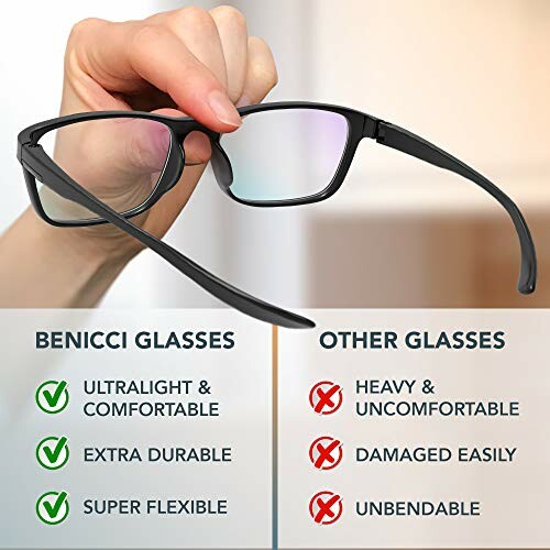 Hand holding glasses with comparison between Benicci glasses and other glasses.