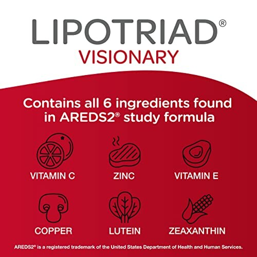 Lipotriad Visionary supplement with AREDS2 ingredients: Vitamin C, Zinc, Vitamin E, Copper, Lutein, Zeaxanthin.