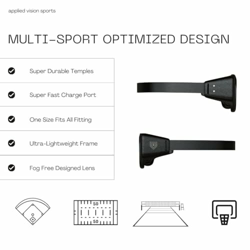 Features of multi-sport optimized design glasses including durable temples and lightweight frame.