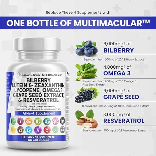 Multimacular supplement with bilberry, omega 3, grape seed, and resveratrol benefits.