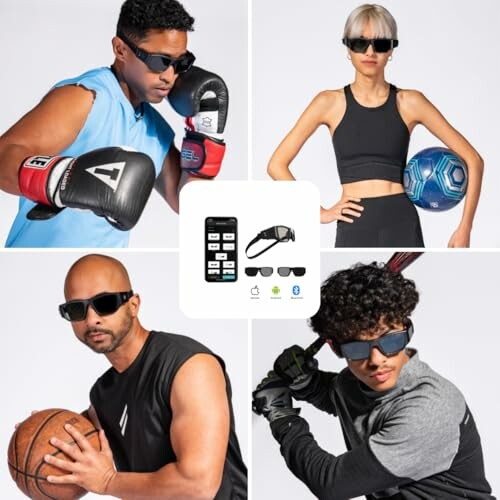 People wearing smart sunglasses while engaging in various sports activities.