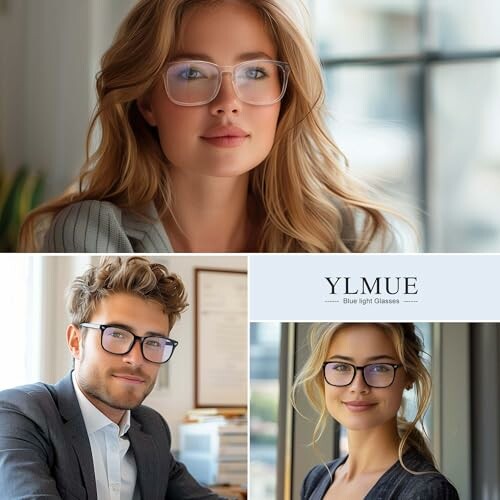 Three people wearing stylish glasses, promotional image for YLMUE blue light glasses.