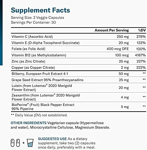 Supplement facts label with vitamin and ingredient details.