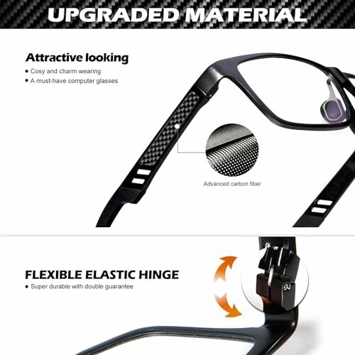 Close-up of glasses with advanced carbon fiber and flexible elastic hinge.